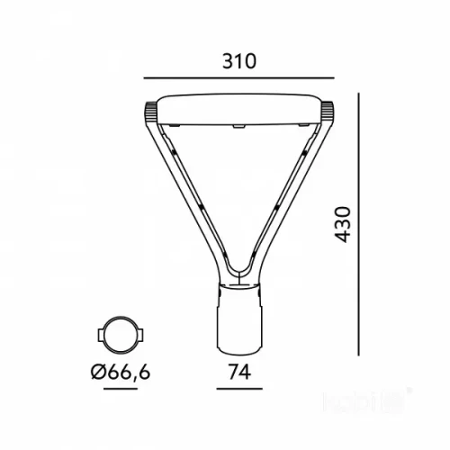 Lampa parkowa KOBI LED NEXPARK G2 o wymiarach 310 mm szerokości i 430 mm wysokości, w kształcie trójkąta. Rysunek techniczny.
