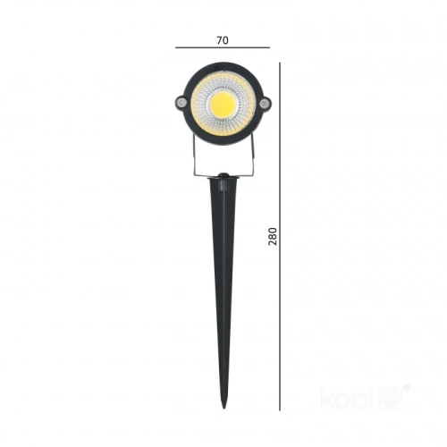 Reflektor ogrodowy LED BLAKE, czarny, o wymiarach 70 mm średnicy i 280 mm wysokości, z wbudowanym źródłem światła 5W, barwa 4000K, z przytwierdzonym stelażem do wbijania w ziemię, odporny na wodę (IP65). Rysunek techniczny.
