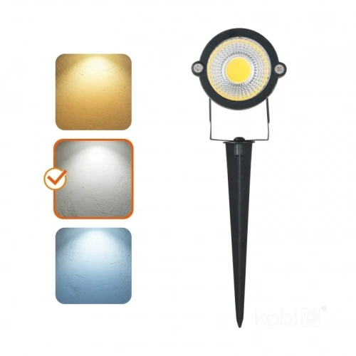 Reflektor ogrodowy LED BLAKE 5W 4000K w kolorze czarnym, z okrągłą głowicą i metalowym mocowaniem, umieszczony na długim, szpiczastym stelażu. Obok widoczne trzy próbki światła: złote, białe i niebieskie. Produkt odporny na warunki atmosferyczne (IP65).