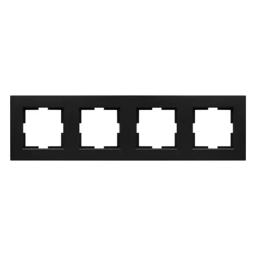 Czarna ramka poczwórna Panasonic Novella z tworzywa, o prostokątnym kształcie, z czterema kwadratowymi otworami. Produkt umieszczony na jednolitym tle, prezentujący minimalistyczny design. Idealna do montażu w różnych aranżacjach wnętrz.