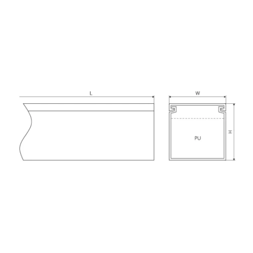 Listwa instalacyjna kanał kablowy o wymiarach 32x30 mm w kolorze czarnym matowym, długość 2 m. Widok z boku i z przodu, pokazujący kształt oraz detale konstrukcyjne, w tym profil i wewnętrzne mocowanie.