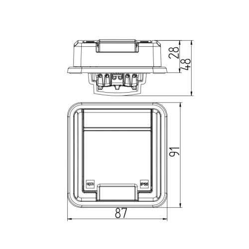 Gniazdo pojedyncze podtynkowe AQUANT IP55 w kolorze antracytowym. Prosty, kwadratowy kształt z wymiarami 87x91 mm. Widoczna etykieta z oznaczeniem IP55, przeznaczone do montażu w miejscach narażonych na wilgoć.