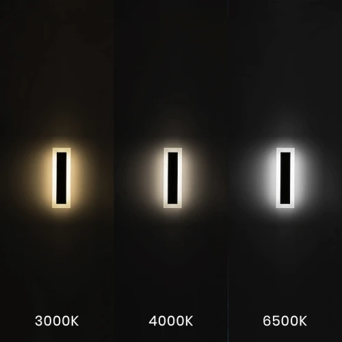 Kinkiet elewacyjny WOW 150 cm z oprawą w kolorze białym, prezentujący trzy warianty barwy światła: 3000K (ciepła), 4000K (neutralna) i 6500K (zimna). Ujęcie frontalne na tle ciemnej ściany.