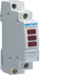 Lampka modułowa 3-fazowa w kolorze czerwonym, przeznaczona do instalacji elektrycznych 230-400V AC. Posiada trzy przyciski oraz przezroczystą osłonę. Ułożona w pozycji pionowej, z widocznymi zaciskami do podłączenia przewodów.