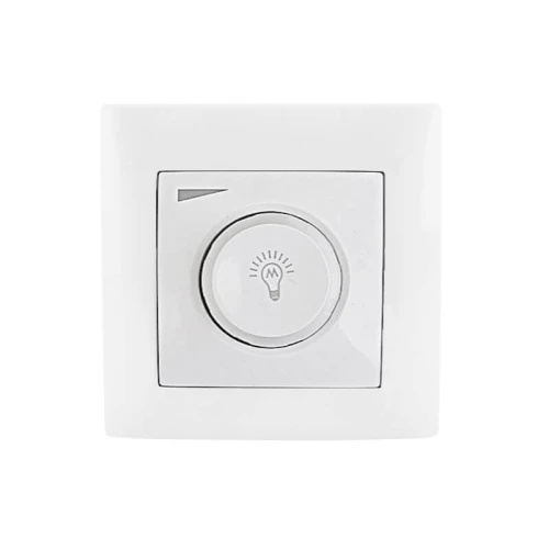 Ściemniacz obrotowy LED WESA 600W w białej obudowie, z okrągłym pokrętłem do regulacji jasności. Na panelu widoczny symbol żarówki. Produkt montowany na ścianie, frontalne ujęcie.