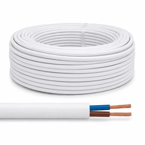 Biały przewód instalacyjny OMY 2x1,5 mm² (H03VV-F) w formie krążka o długości 30 mb. Widoczne dwa miedziane przewody w izolacji, z kolorami: niebieskim i brązowym. Przewód leży na białym tle, z widoczną strukturą zewnętrzną.