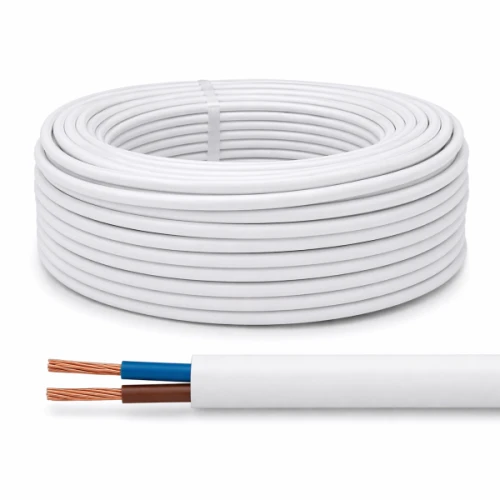 Przewód instalacyjny OMY 2x1,5 mm² w białej izolacji, na krążku o długości 100 m. Widoczne dwa przewody miedziane: niebieski i brązowy, wyraźnie umieszczone w białej osłonie. Przeznaczony do instalacji elektrycznych 300V/300V.