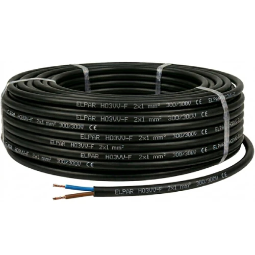 Czarny przewód OMY 2x1 (H03VV-F) 300/300V na krążku, długość 100 m. Widoczne dwa przewody: jeden niebieski, drugi brązowy. Produkt owinięty taśmą, z widocznymi oznaczeniami technicznymi.