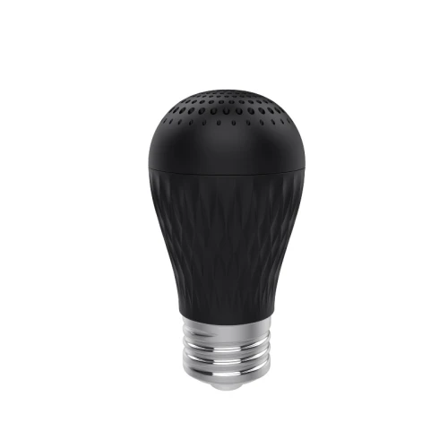 Czarna żarówka E27 z głośnikiem Bluetooth, o opływowym kształcie z teksturowaną powierzchnią. Widoczna metalowa podstawa, otwory na górze sugerujące funkcję audio. Produkt idealny do dekoracji z funkcją odtwarzania muzyki.