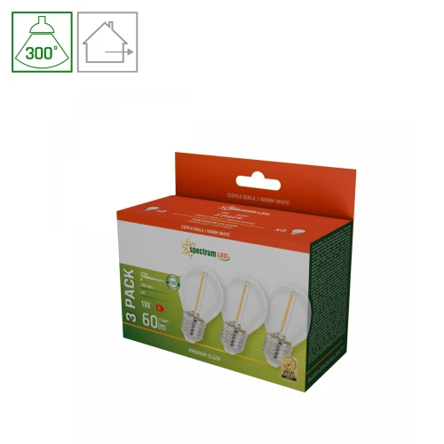 Girlanda o długości 10 m z żarówkami E27 1W, zestaw trzech żarówek w ciepłej bieli. Opakowanie z widocznymi informacjami o produkcie oraz logo marki Spectrum LED. Zestaw idealny do dekoracji wnętrz oraz ogrodów.