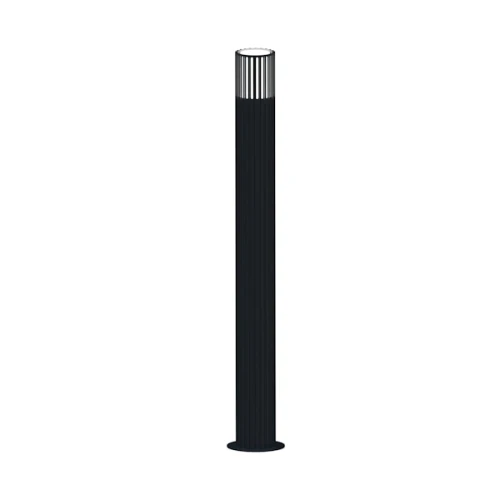 Słupek ogrodowy KUUSAMO o wysokości 90 cm, w kolorze grafitowym. Produkt ma cylindryczny kształt, teksturowaną powierzchnię oraz metalowy element na górze z otworami do emisji światła. Stoi pionowo, na jednolitym tle.