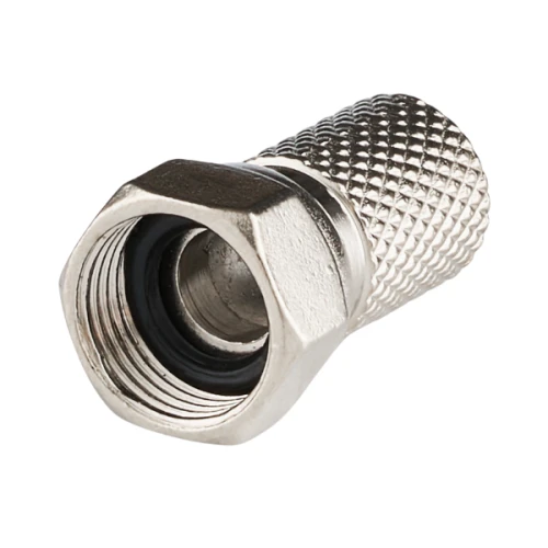 Wtyk typu F o średnicy 6,8 mm i długości 20 mm z uszczelnieniem. Metalowa powierzchnia z teksturowanym uchwytem, widoczny gwint wewnętrzny z uszczelką. Ujęcie z boku, ukazujące detal oraz konstrukcję złącza.