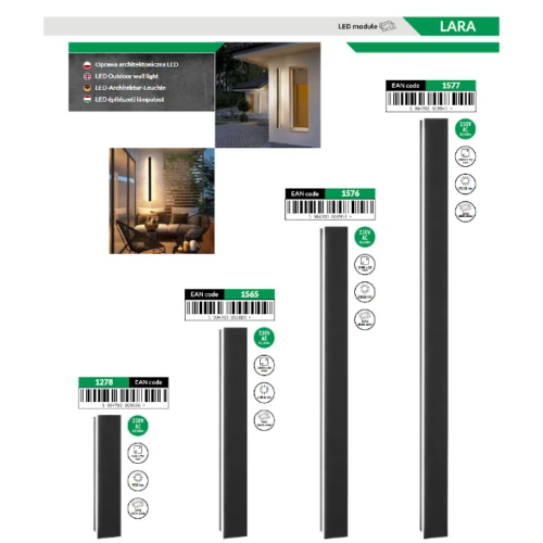 Oprawa elewacyjna LED LARA 19W, 60 cm, w kolorze czarnym, o prostokątnym kształcie. Prezentowana w zestawieniu z innymi modelami. Widoczny kod EAN. Idealna do oświetlenia zewnętrznego, montowana pionowo.