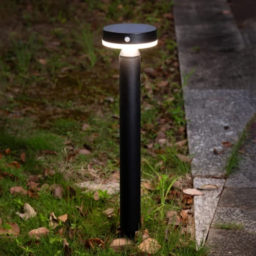 Lampa solarna z czujnikiem ruchu Gwinea 4,5W, 50 cm, kolor czarny. Okrągła górna część z białym podświetleniem, umieszczona na prostym, cylindrycznym słupku. Stoi na trawie obok chodnika, otoczona opadłymi liśćmi.