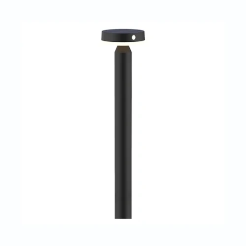 Lampa solarna z czujnikiem ruchu Gwinea o wysokości 50 cm, wykonana z czarnego materiału. Design prosty, z okrągłym kloszem na górze i smukłym słupkiem. Widoczny otwór na czujnik. Idealna do oświetlenia przestrzeni zewnętrznych.
