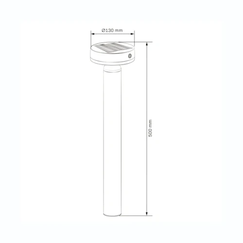 Lampa solarna z czujnikiem ruchu, wysokość 50 cm, średnica podstawy 13 cm. Rysunek techniczny.