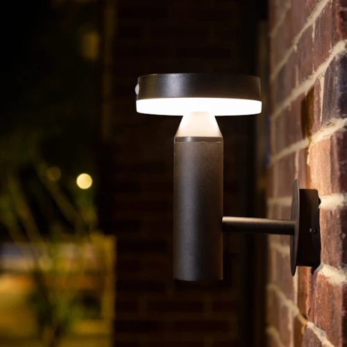 Kinkiet solarny z czujnikiem ruchu Gwinea, 4,5W, 4000K, w kolorze czarnym. Lampa montowana na ścianie, z cylindrycznym korpusem i okrągłym kloszem, emitująca jasne światło. Widoczny montaż na ceglanej ścianie.