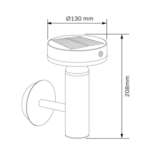Kinkiet solarny z czujnikiem ruchu Gwinea, czarny, o średnicy 130 mm i wysokości 208 mm. Górna część z panelem słonecznym, z widoczną diodą LED. Produkt montowany na ścianie, z prostym designem, idealny do oświetlenia zewnętrznego.