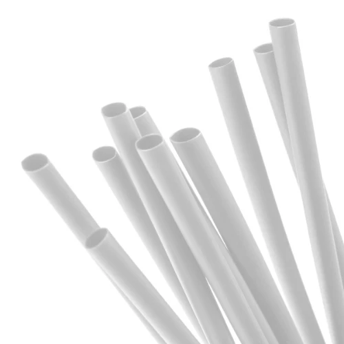 Biała rurka termokurczliwa o średnicy zewnętrznej 9,5 mm i wewnętrznej 4,8 mm, długości 1 m, ułożona w grupie, widoczna z góry, gładka powierzchnia, okrągłe końce, na jasnym tle.