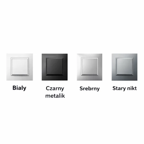 Białe gniazdo internetowe Ospel Aria w prostokątnej obudowie, umieszczone obok trzech wariantów kolorystycznych: czarnego metalika, srebrnego i starego niklu. Widok frontalny, na jednolitym tle.