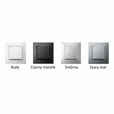 Łącznik schodowy Ospel Aria w kolorze czarnym metalik. Produkt o prostokątnym kształcie z gładką powierzchnią, umieszczony w zestawie z innymi wariantami kolorystycznymi: białym, srebrnym i szarym matowym.