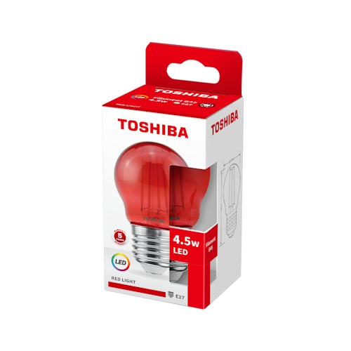 Żarówka LED Filament KULKA E14 4,5W w kolorze czerwonym. Widoczna w przezroczystym opakowaniu z białymi i czerwonymi elementami. Na etykiecie informacje o mocy i rodzaju światła. Kształt kulisty, z widocznym filamentem wewnątrz.
