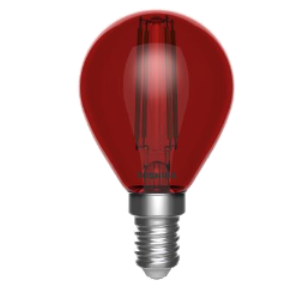 Żarówka LED Filament w kształcie kulki E14 o mocy 4,5W, w kolorze czerwonym. Metalowy gwint E14, przezroczyste włókna wewnątrz. Produkt widoczny z przodu, ze zaokrąglonym kształtem i błyszczącą powierzchnią.