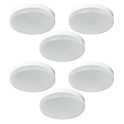 Żarówka LED GX53 230V 10W w białym kolorze, w zestawie 6 sztuk. Okrągły kształt z wypukłym kloszem, widoczne żłobienia na obrzeżu. Produkt przeznaczony do oświetlenia domowego, idealny do montażu w sufitach podwieszanych.