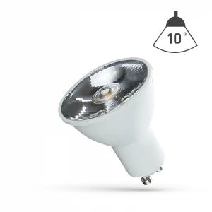 Żarówka LED GU10 6W z soczewką, emitująca neutralne białe światło, o kącie świecenia 10°. Posiada białą obudowę i metaliczne wykończenie reflektora. Stoi na płaskiej powierzchni, widoczny jest także symbol kąta świecenia.