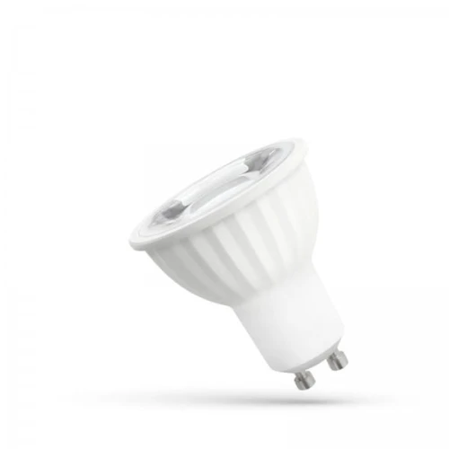 Żarówka LED GU10 4W z ciepłą białą barwą światła, kąt świecenia 45°. Posiada soczewkę, biała obudowa z rowkowaną teksturą. Stojąca, z dwoma pinami na podstawie. Idealna do oświetlenia punktowego w pomieszczeniach.