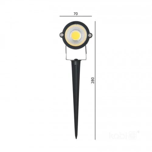 Reflektor ogrodowy LED BLAKE 5W 3000K w kolorze czarnym, montowany na szpicy. Okrągła głowica z diodą LED, średnica 70 mm, wysokość 280 mm. Wodoodporny (IP65), idealny do oświetlenia przestrzeni zewnętrznych.