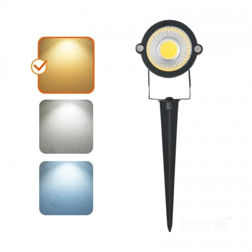 Reflektor ogrodowy LED BLAKE 5W 3000K IP65 w kolorze czarnym, z okrągłą głowicą i osprzętem do montażu w ziemi. Widoczne trzy próbki światła: ciepłe, neutralne i zimne. Produkt w pozycji stojącej z widoczną soczewką LED.
