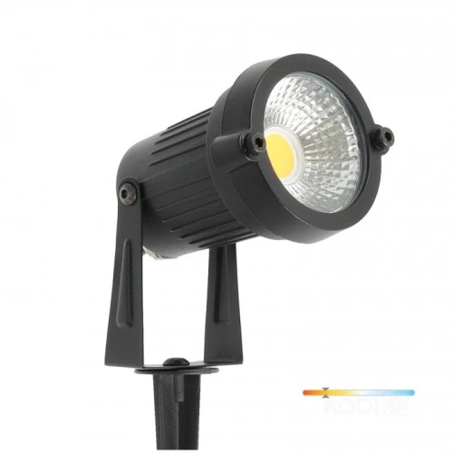 Reflektor ogrodowy LED BLAKE 5W 3000K w kolorze czarnym, z metalową obudową i przezroczystą soczewką, ustawiony na podstawie. Oświetlenie z IP65, idealne do użytku zewnętrznego. Kąt ujęcia z boku, ukazujący detal konstrukcji.
