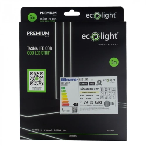Taśma LED COB 480 24V 3000K o długości 5 m, umieszczona w czarnym opakowaniu. Widoczny kod QR i etykieta informacyjna z danymi technicznymi. Produkt przeznaczony do oświetlenia, z oznaczeniem IP20.