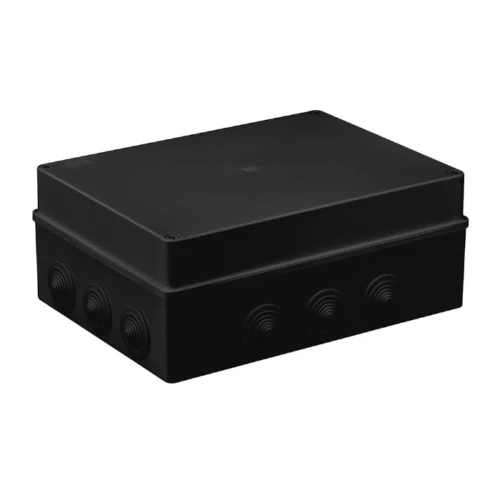 Puszka natynkowa S-BOX 606C w kolorze czarnym o wymiarach 300x220x120 mm, z 12 dławikami. Ujęcie frontalne, produkt leży na płaskiej powierzchni. Obudowa szczelna IP65, z widocznymi otworami na dławiki.