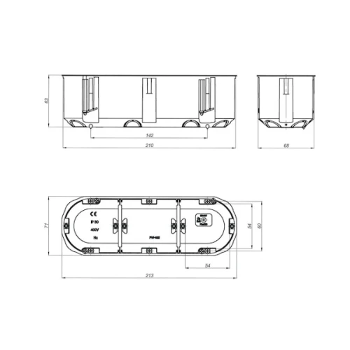 Puszka głęboka potrójna 3x60 do pustych ścian Multibox w kolorze niebieskim, o wymiarach 210 mm x 68 mm x 71 mm. Rysunek techniczny.