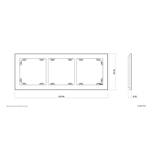 Potrójna ramka Karlik Deco w kolorze czarnym matowym, o wymiarach 232,80 mm x 90,20 mm x 8,30 mm. Rysunek techniczny.