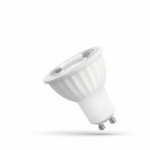 Żarówka LED GU10 6W z ciepłą białą barwą światła, kąt świecenia 45°. Posiada soczewkę i białą, teksturowaną obudowę. Stojąca, z widocznymi pinami do montażu. Idealna do oświetlenia wnętrz.