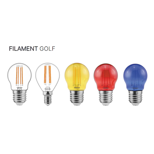 Żarówka LED Filament KULKA E14 4,5W w kolorze niebieskim, o kulistym kształcie, z widocznymi żarnikami. Na metalowym gwincie E14, w zestawie z innymi kolorami (przezroczystym, żółtym i czerwonym). Ujęcie frontalne.