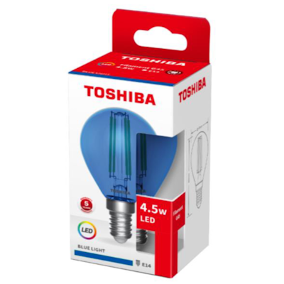 Żarówka LED Filament KULKA E14 4,5W o niebieskiej barwie, umieszczona w kolorowym opakowaniu z logo Toshiba. Na opakowaniu widoczne informacje o mocy, typie gwintu E14 oraz oznaczenia ekologiczne. Opakowanie z otwartym dostępem do żarówki.