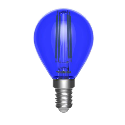 Żarówka LED Filament KULKA E14 4,5W w niebieskiej, przezroczystej obudowie. Widoczny metalowy gwint E14 oraz filament w kształcie prostokątnym wewnątrz. Ujęcie frontalne, na białym tle.