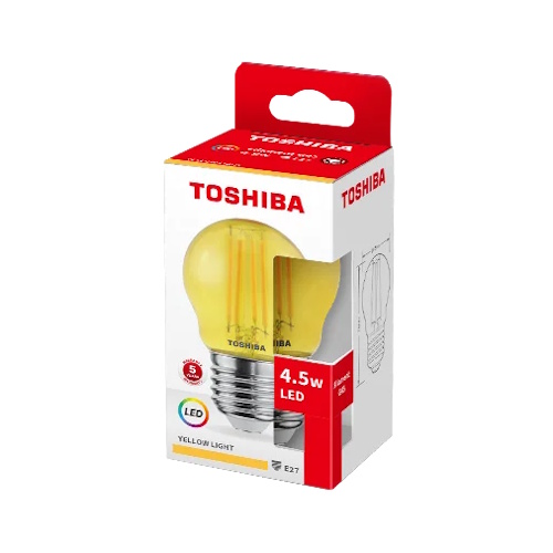 Żarówka dekoracyjna LED KULKA E27 4,5W w żółtej barwie, z przezroczystą kopułą i widocznymi diodami LED. Opakowanie w białej i czerwonej kolorystyce z logo Toshiba oraz informacjami o mocy i typie światła.