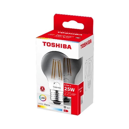 Żarówka LED filament E27 A60 4,5W 1800K smoky dymniona w opakowaniu. Produkt z widocznymi detalami, takimi jak logo Toshiba, informacje o mocy i barwie światła. Opakowanie z góry z uchwytem, z boku szczegóły techniczne.