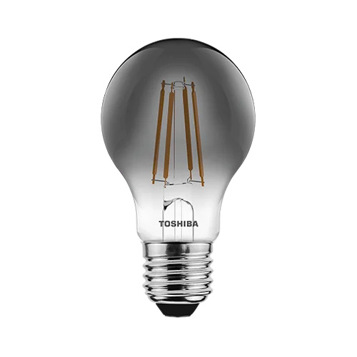 Żarówka LED filament E27 A60 4,5W 1800K w dymionym szkle. Widok frontalny, z widocznymi złotymi filamentami oraz logo Toshiba na podstawie. Kształt kulisty, z metalowym gwintem.