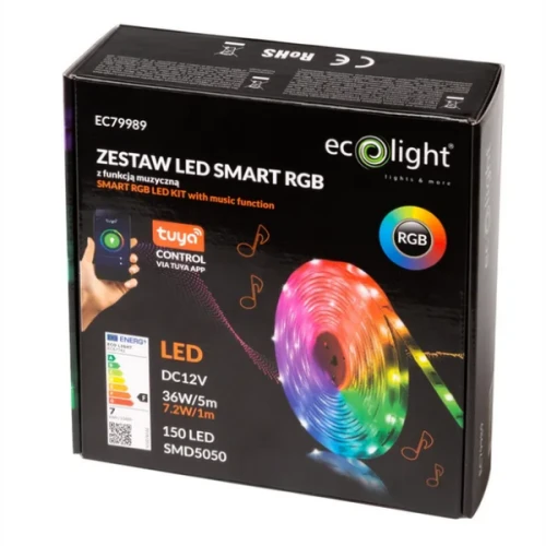 Zestaw LED SMART RGB Ecolight EC79989, taśma o długości 5 m z funkcją muzyczną, zawierająca 150 diod SMD5050. Opakowanie z kolorowymi wzorami i logo Ecolight, z informacjami o kontroli przez aplikację Tuya.