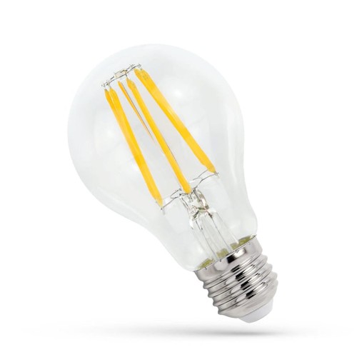 Żarówka LED GLS E27 11W w ciepłej białej barwie. Przezroczysta obudowa z widocznymi żarnikami w kolorze żółtym. Ujęcie z boku, ukazujące gwint E27 oraz szczegóły konstrukcji. Idealna do oświetlenia wnętrz.