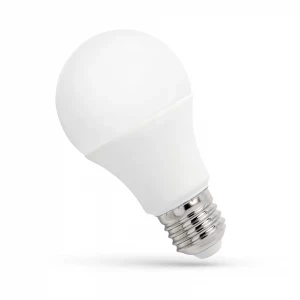 Żarówka LED 4,9W E27 w kształcie kulistym, z białą, matową powierzchnią. Metalowy gwint E27 umożliwia łatwy montaż. Źródło światła o zimnej barwie, idealne do oświetlenia wnętrz. Ujęcie z boku, pokazujące kształt i detale.