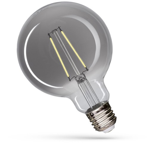 Żarówka dymiona LED glob filament E27 o mocy 4,5W, o średnicy 95 mm. Posiada szklany klosz w odcieniu dymionym, z widocznymi dwoma cienkimi włóknami LED w neutralnej białej barwie, zakończona metalowym gwintem E27.