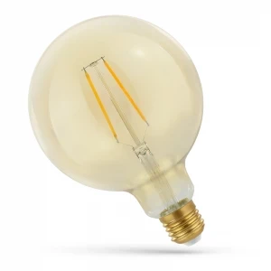 Żarówka LED Glob Filament E27 2W o średnicy 125 mm, w kolorze ciepłej bieli. Posiada okrągły kształt z przezroczystą szklaną obudową i złotym gwintem. Widoczne cienkie włókna LED w środku.
