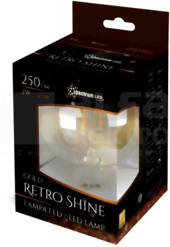 Żarówka LED Glob Filament E27 o mocy 2W i średnicy 125 mm, w ciepłej bieli. Widoczna przezroczysta obudowa z dekoracyjnym filamentem. Opakowanie w kolorze czarnym z złotymi akcentami, zawierające informacje o jasności 250 lm.